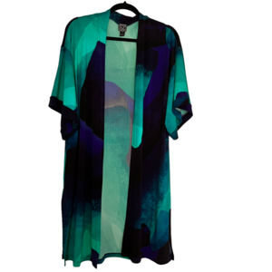 Clara Sun Woo Short Sleeve Open Front Cardigan Sode Split Blue Green Black Large